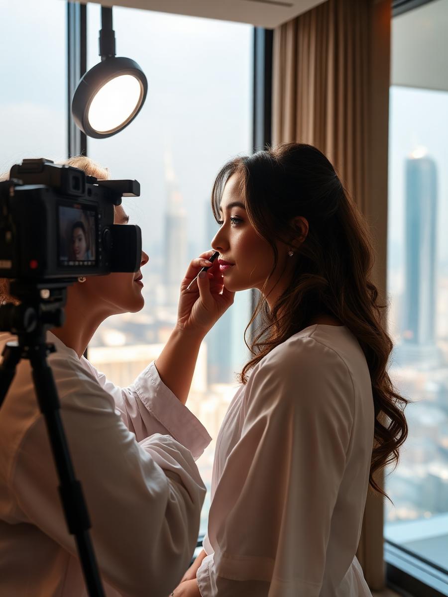 Beauty creator filming a makeup routine in Dubai